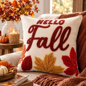 May include: A square cream-colored throw pillow featuring the text HELLO Fall in raised, textured dark red embroidery. The pillow is decorated with three large, tufted autumn leaves in shades of orange, yellow, and deep red at the bottom.