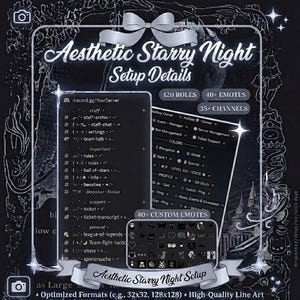 Könnte beinhalten: Eine digitale Anzeige eines Aesthetic Starry Night Server-Setups mit 120 Rollen, über 40 Emotes und 35 Kanälen. Die Benutzeroberfläche zeigt Textlisten im Dunkelmodus, Rollen-Tags und ein Raster mit benutzerdefinierten Emotes und Strichzeichnungen.