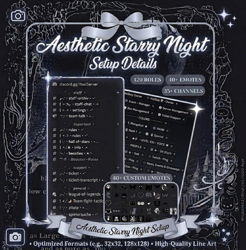 May include: A digital display showing an Aesthetic Starry Night server setup with 120 roles, 40 plus emotes, and 35 plus channels. The interface features dark mode text lists, role tags, and a grid of custom emotes with line art graphics.