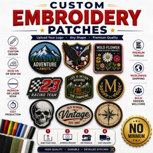May include: A collection of custom embroidered patches featuring various designs including a mountain landscape, an eagle, flowers, a racing emblem with the number 23, a campfire scene, a letter M, a skull, a vintage logo, and a compass.