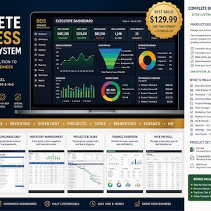 May include: A digital product display for a Complete Business Operating System Excel solution. The image features a laptop screen showing an executive dashboard with charts, graphs, and financial data, alongside text detailing features, modules, and product specifications.