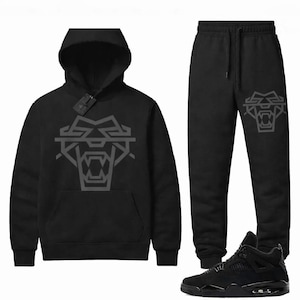 Black Hoodie Jogger Set, 80% Cotton 20 Polyester, Fierce Cat Graphic