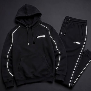 Bijpassende hoodie, zwart reflecterend fleece trainingspak met joggingbroek