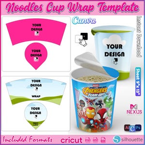 Può includere: Un modello digitale per l'involucro di una tazza di noodles con layout grafici rosa e blu e segnaposto con la scritta Your Design. Include un riferimento al foglio da 9x13 pollici, grafiche Marvel Avengers Team-Up su una tazza e icone per vari formati.