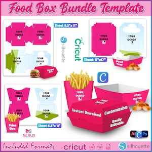May include: A digital food box bundle template featuring layouts for burger boxes, fry containers, and food trays. The design includes pink and green color schemes, placeholders labeled 'YOUR DESIGN', and text indicating 8.5"x11" and 11"x17" sheet sizes.