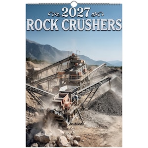 May include: A 2027 wall calendar titled ROCK CRUSHERS featuring a photograph of industrial rock crushing machinery with conveyor belts and piles of gravel in a quarry setting under a clear blue sky with mountains in the background.