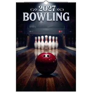 May include: A 2027 wall calendar featuring a glossy red bowling ball centred on a polished wooden lane, with a set of white bowling pins standing in the distance. The text 2027 BOWLING is printed in large white letters at the top of the page.