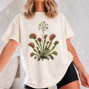 Vintage botanisk Venus flugfälla T-shirt, present till köttätande växtälskare, bomullströja med avslappnad passform