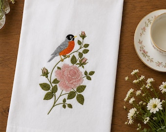 American Traditional Robin and Heirloom Rose Tea Towel