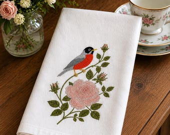 American Red Robin and Heirloom Rose Embroidered Tea Towel