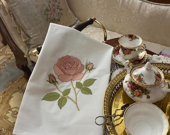 Victorian Tea Rose Embroidered Heirloom Tea Towel