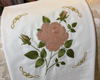 Heirloom Tea Rose Embroidered Tea Towel