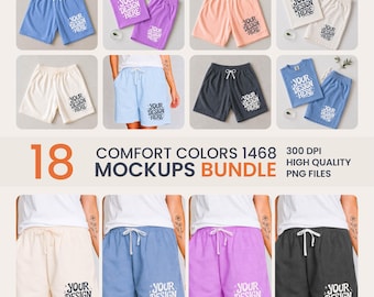 Comfort Colors 1468 Mockup-Bundle, 18 CC1468 Shorts Mockup-Paket, passendes Set Flat Lay, Comfort Colors Sweatshorts Modell-Mockup in 6 Farben