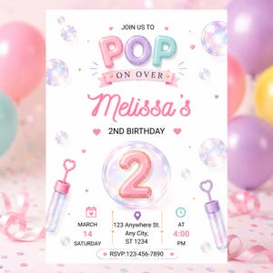 Redigerbar pastellfärgad pop-on bubbelfödelsedagsinbjudan, 2-årsdagsinbjudan, bubbelfestinbjudan, redigerbar Canva-mall