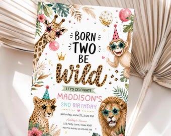 Invitación de cumpleaños número 2 "Born Two Be Wild", invitación de cumpleaños con temática de safari, fiesta en la jungla con estampado de leopardo, plantilla de Canva, invitación de cumpleaños para niña.