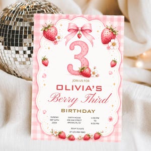 Berry Third Birthday Invitation, berry 3rd Birthday Invitation, 3rd Birthday Girl Invite, bow berry 3rd birthday invite, Canva Template
