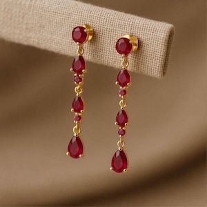 Orecchini pendenti con rubino rosa in argento sterling 925, orecchini a goccia con rubino rosso, orecchini lunghi con pietre preziose, gioielli di tendenza, regalo per lei