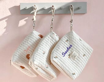 Personalized Quilted Diaper Bag, Custom Embroidered Name Pouch, Floral Baby Essentials Organizer, Minimalist Travel Storage Bag, Shower Gift