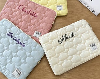 Aesthetic Quilted Laptop Pouch, Custom Name Cloud Design Case, Soft Padded Tech Sleeve, Stylish Tablet Organizer, Personalized Gift