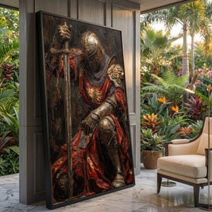 May include: A large rectangular wall art piece featuring a textured, three-dimensional relief of a knight in weathered bronze armor and a deep red tunic, kneeling while gripping a long sword. The artwork is framed in black and displayed vertically.