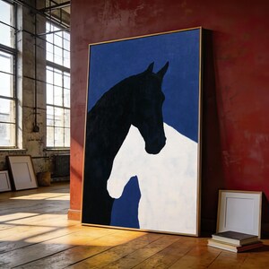 Leinwandbild mit schwarz-weißen Pferdesilhouetten, minimalistische Tierkunst für die Wand, Reitsport-Dekoration, kontrastreiche Leinwandkunst, moderne rustikale Dekoration