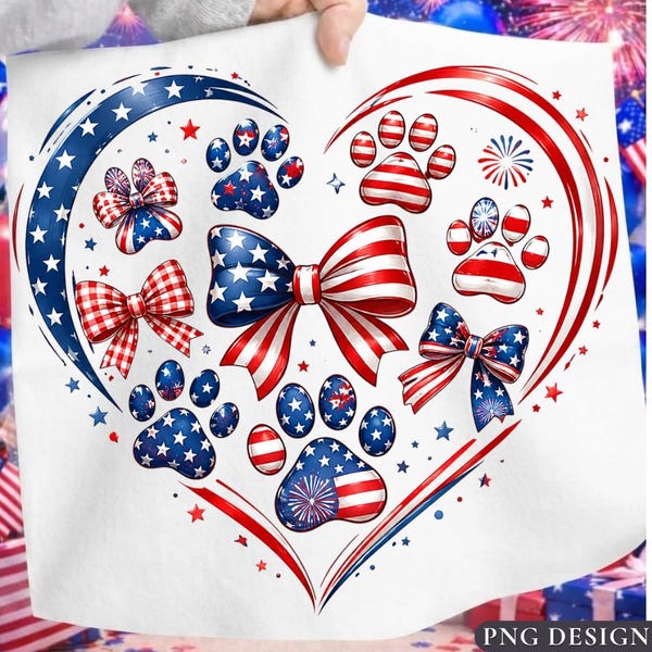Patriotic Paw Print PNG, Red White Blue Dog Paw Heart, 4th of July Bow Sublimation, Dog Lover USA Shirt Design