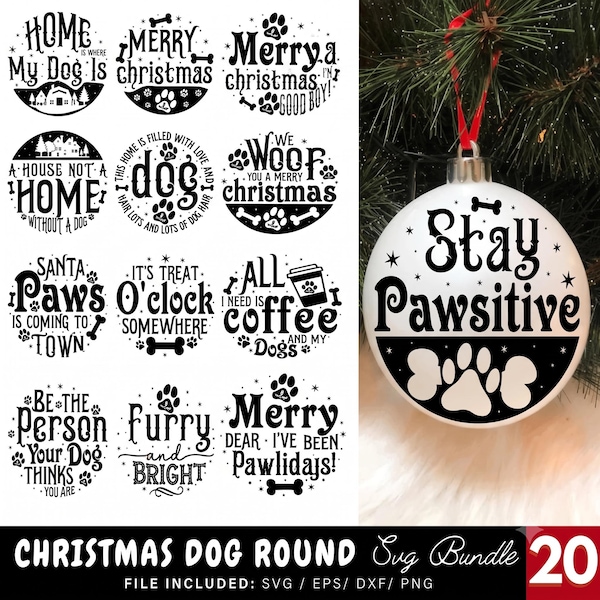 Paquete de archivos SVG redondos para perros navideños, adornos navideños para perros en formato SVG, frases divertidas sobre mascotas en Navidad, huellas de patas en formato SVG para las fiestas, archivos de corte para perros navideños.