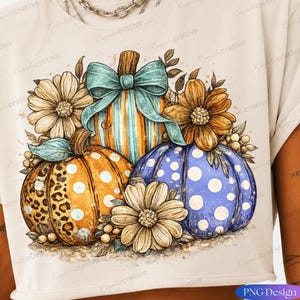 Blue Pumpkin PNG | Fall Pumpkin Sublimation Design | Teal Bow Autumn PNG | Floral Pumpkin Shirt Design | Cute Fall Harvest