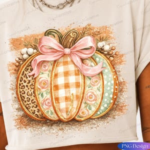 Puede incluir: Una camiseta beige con un gráfico grande de una calabaza con un lazo rosa. Los segmentos de la calabaza muestran varios patrones, incluyendo estampado de leopardo, cuadros vichy naranjas y blancos, rosas rosas sobre fondo verde y lunares.
