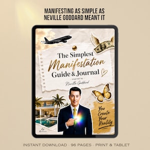 Könnte beinhalten: Ein digitales Tablet mit einem Buchcover mit dem Titel The Simplest Manifestation Guide & Journal, inspiriert von Neville Goddard. Das Cover zeigt einen Mann im Anzug, ein schwarzes Flugzeug, einen geflügelten Geldschein, einen Schmetterling und ein Haus.