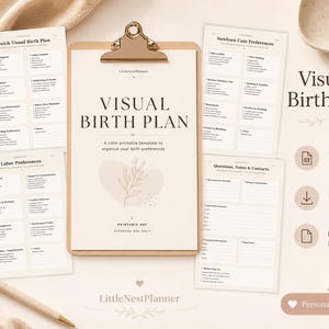 Może przedstawiać: Zestaw dokumentów do druku Visual Birth Plan na podkładce, zawierający beżowy papier z czarnym tekstem, w tym sekcje dotyczące preferencji porodowych, opieki nad noworodkiem i danych kontaktowych, z botaniczną ilustracją liniową.