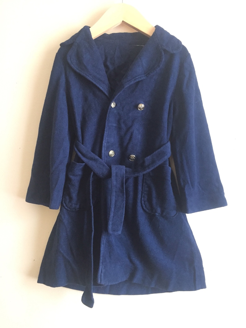 Vintage 1970s double breasted pea coat terry robe 2T to 4T toddlers bath robe childs house coat navy blue terry robe for kids