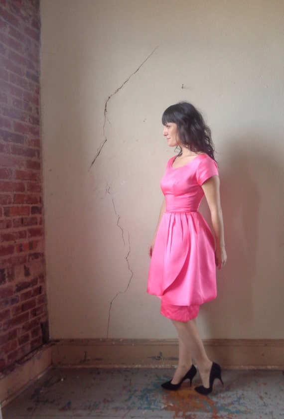 satin cocktail dress/ hot pink satin/ ribbed satin