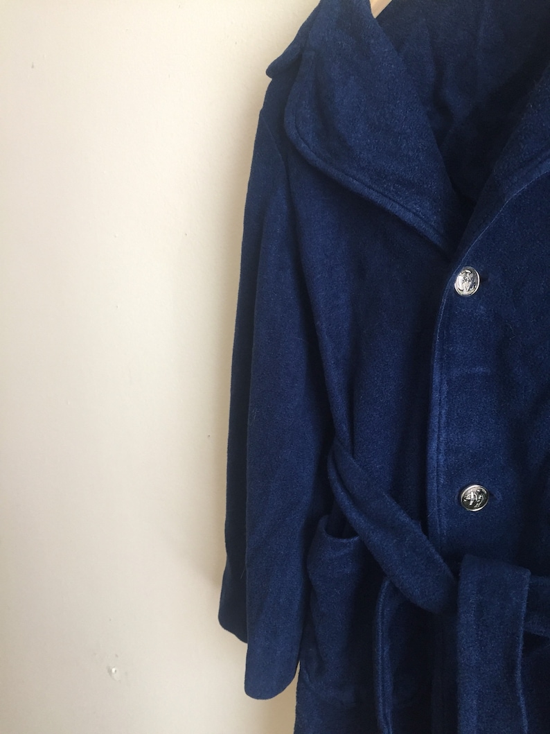 Vintage 1970s double breasted pea coat terry robe 2T to 4T toddlers bath robe childs house coat navy blue terry robe for kids