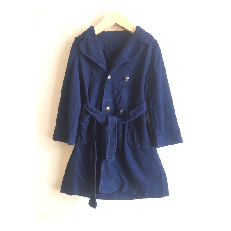 Vintage 1970s double breasted pea coat terry robe 2T to 4T toddlers bath robe childs house coat navy blue terry robe for kids