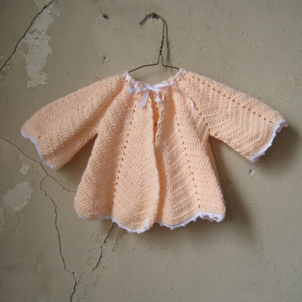 Pastel Peach Baby Cardigan.  Hand Knit.
