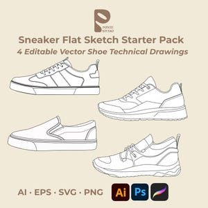Paquete de bocetos planos editables de zapatillas, dibujos técnicos vectoriales de calzado (ai, eps, svg, png)