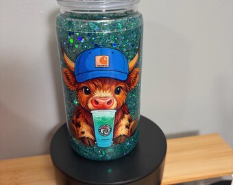 Highland Cow Blue Green Glitter Tumbler 16 oz, 7Brew Inspired Cowgirl Coffee Cup, Handmade Snow Globe Cup, Country Western Gift for Her