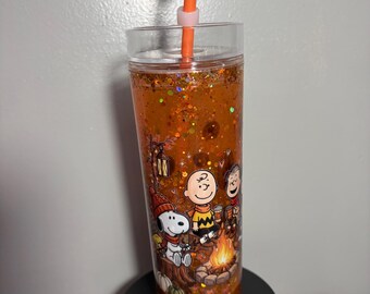 Snoopy & Friends 20oz Glitter Tumbler |  Orange Brown acrylic Cup | Peanuts Inspired Gift | Cute Coffee Cup