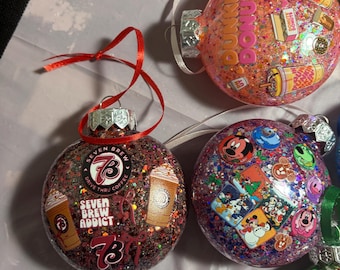 Handmade Glitter Christmas Ornaments | 7Brew, Grinch, Bluey, Mickey, Harley Davidson & Dunkin Inspired | Flat Back or Rollable Ornament