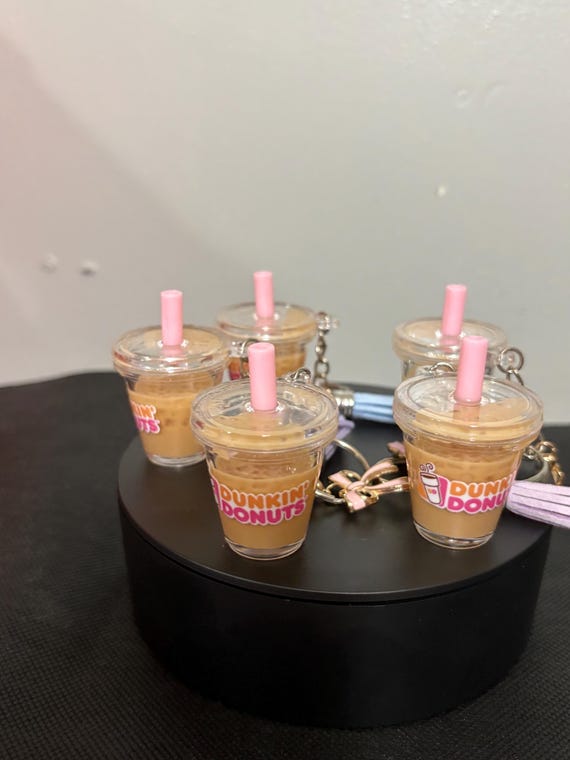 Dunkin Inspired Iced Coffee Cup Keychain with Tassel, Cute Coffee Lover Gift for Her, Handmade Drink Bag Charm, Miniature Coffee Accessory