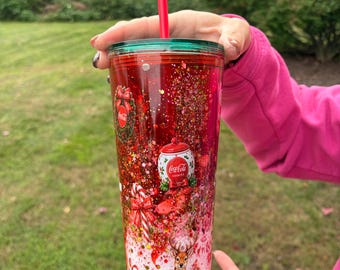 24oz Coke Polar Bear Lava Tumbler | Red & White Glitter Snow Globe Cup | Coca Cola Inspired Tumbler | Coke Can Straw Topper | Soda Lover
