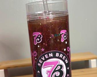 20 oz 7Brew Iced Coffee Inspired,Lava Glitter Tumbler with Straw, Acrylic Coffee Cup, Iced Coffee Travel Cup, Coffee Lover Gift