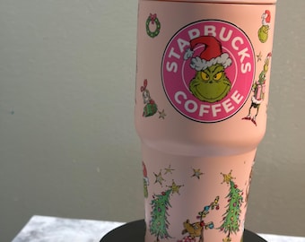 20oz Starbucks Pink Grinch or Green Chocolate Bear Tumbler | Stainless Steel Travel Cup with Handle | Cute Coffee Tumbler | Holiday Gift
