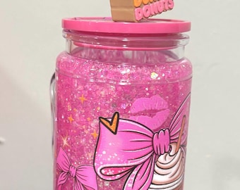 Dunkin Inspired Double Pink Glitter Tumbler with Handle and Straw Topper, 16oz Iced Coffee Cup, Sparkle Travel Mug, Coffee Lover Gift