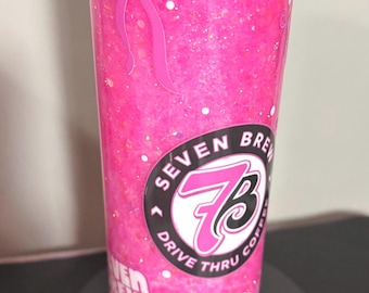 7Brew Inspired Glitter Snow Globe Tumbler 20 oz, Pink Purple Blue Stainless Steel Cup, Sparkle Travel Mug with Straw, Coffee Lover Gift