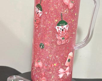 20 oz Starbucks Inspired Pink Drink Glitter Tumbler with Handle & Mini Keychain, Iced Coffee Cup, Sparkle Travel Tumbler, Coffee Lover Gift