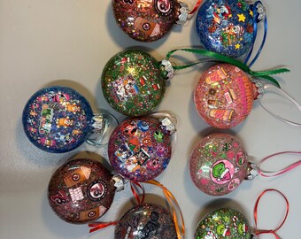 Handmade Glitter Christmas Ornaments | 7Brew, Grinch, Bluey, Mickey, Harley Davidson & Dunkin Inspired |  Rollable Ornament
