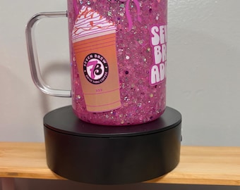 7Brew Inspired Glitter Mug 17 oz, Pink Blue Purple Snow Globe Cup with Straw, Iced Coffee Travel Mug, Handmade Cold Drinkware Coffee Lover