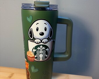 20oz Snoopy Starbucks Inspired Coffee Tumbler Green Snoopy Lover Tumbler with Handle | Puppy in Coffee Cup Gift for Dog Mom